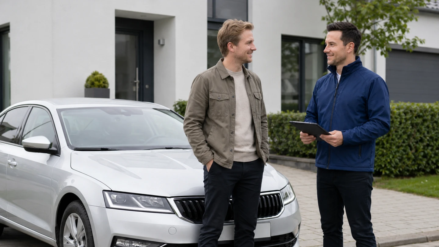 Autoankäufer berät Kunde vor silbernem Skoda